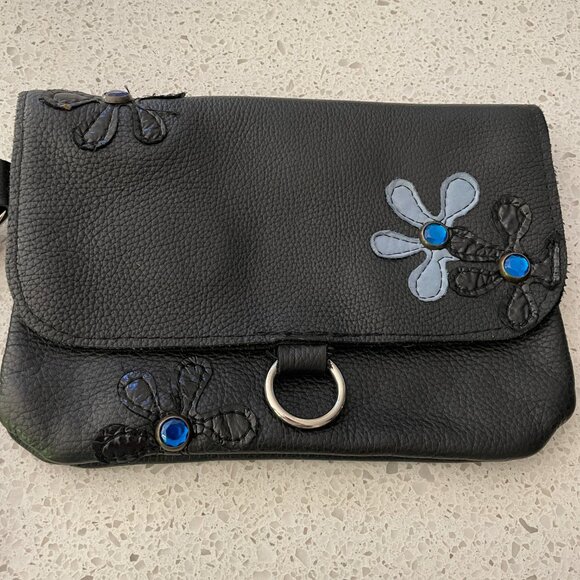 Navy Blue Leather Purse/Clutch with Flower Appliques and  Handle - Picture 6 of 8